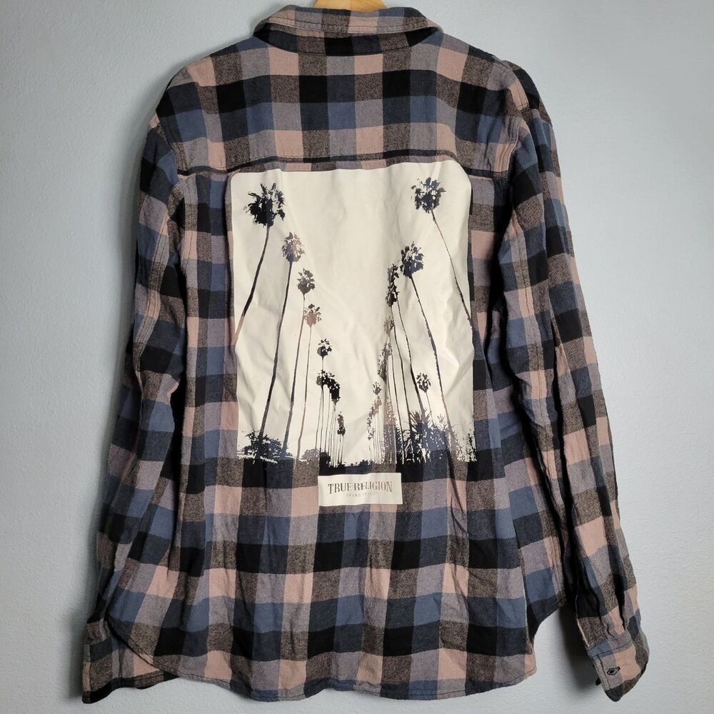 True Religion Mens Plaid Flannel Shirt Palm Tree Graphic Y2K West Coast Grunge